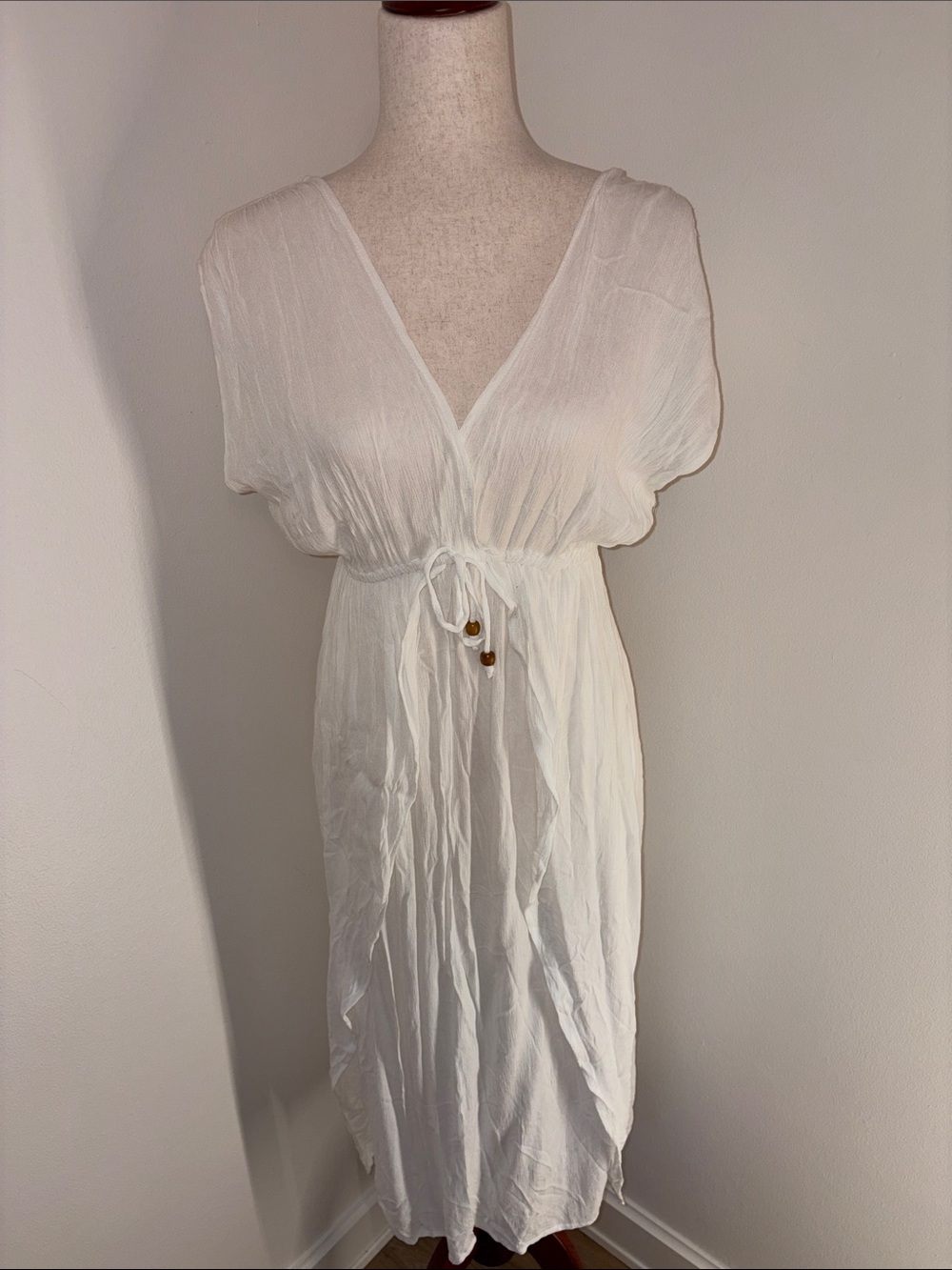 White V-Neck Tie-Waist Midi Bathing Suit Coverup